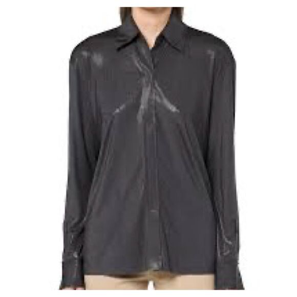 Anthropologie size M liquid leather metallic button front blouse semi sheer - Picture 1 of 7